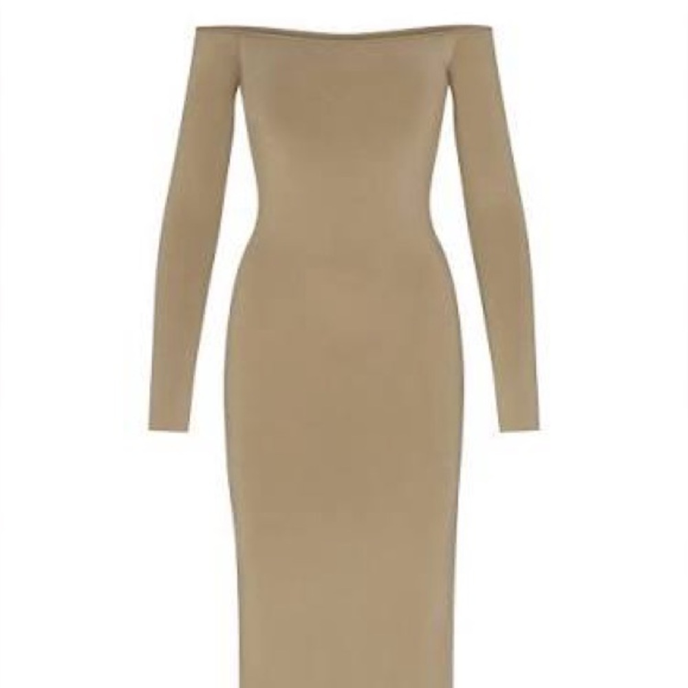 SKIMS Smooth Lounge Off the Shoulder Long Sleeve Dress in Khaki (Olive color) M